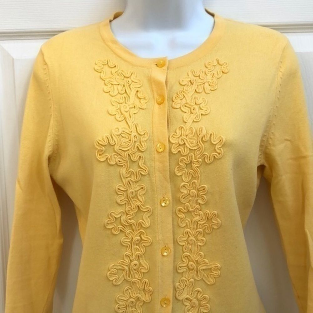 Bright and Cheery Charter Club Yellow Cardigan with Ribbon Flower Detail.